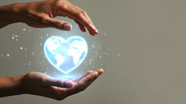 Close up of man hands holding glowing blue heart shape with planet earth map for global environmental protection footage