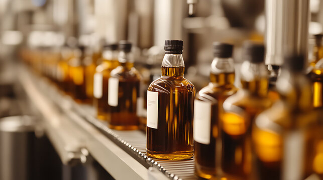 Automated bottling line filling glass bottles with amber liquid. Bottles neatly aligned, conveying product efficiently with machinery for alcohol production.