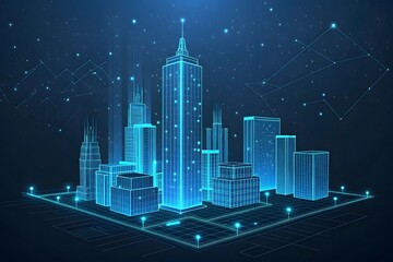 Digital Cityscape with Blue Neon Wireframe and Network Connections