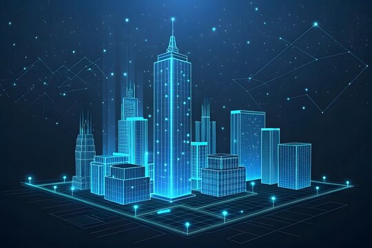 Digital Cityscape with Blue Neon Wireframe and Network Connections