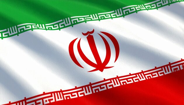 Iranian flag with green, white, and red horizontal bands and central emblem symbolizing "Allah" and tulip, with Kufic script repeating "Allahu Akbar" along the borders