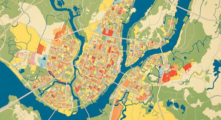 Obraz premium Vibrant City Map Colorful Urban Planning Depicting Buildings, Waterways, and Infrastructure