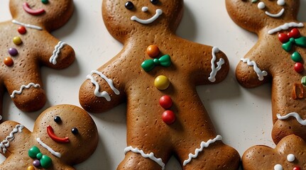 A close-up of festive gingerbread men cookies decorated with colorful icing and candies

