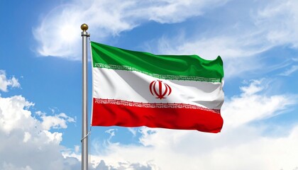 Iranian flag waving in the wind against a blue sky with scattered clouds