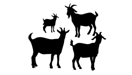 four silhouettes of goats on a plain transparent backgroundanimal, black, goat, illustration, lamb, pose, profile, ram, stand 