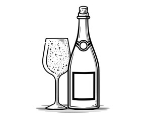 a bottle of champagne and a glass filled with bubblesalcohol, beverage, bottle, bubble, champagne, champagne flute, cork, cup, draw, illustration, liquid, sparkle, wine, wine bottle, wine glass 