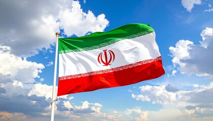 Iranian flag waving in the wind against a blue sky with scattered clouds