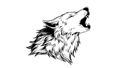 a black and white drawing of a roaring wolf headanimal, black, head, illustration, image, logo, open, profile, white, wolf  © Guli Studio