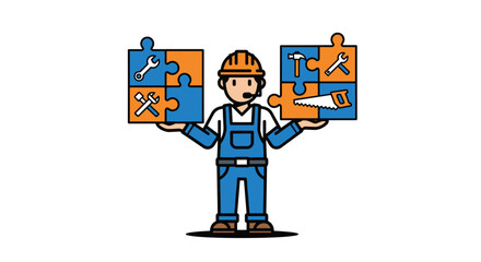 Craftsman connecting construction services with jigsaw puzzle pieces for home repair, offering solutions and expertise for building projects