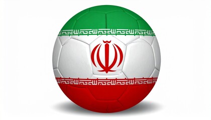 Soccer ball with Iran flag design, green-white-red stripes, central emblem and Arabic script pattern.