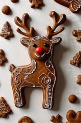 A whimsical gingerbread reindeer cookie decorated with icing and a red nose among festive shapes
