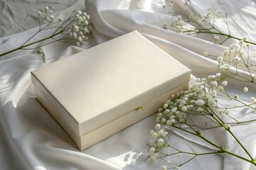 Elegant cream gift box with delicate white flowers on satin