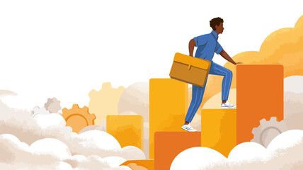 Person climbing career steps with a briefcase, a modern illustration of business growth, progress, ambition, success, and achievement.