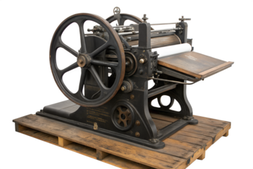 Antique printing press machine, isolated on a wooden pallet, capturing the essence of historical printing processes and old craftsmanship