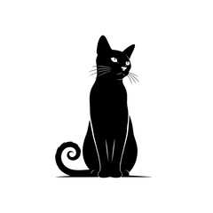 Mysterious black cat sitting with curled tail and bright eyes looking up