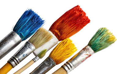 Fototapeta premium Close-up of colorful paintbrushes with vibrant hues. The bristles are coated in red, blue, yellow, and green paint, arranged in an angled cluster against a black background. 