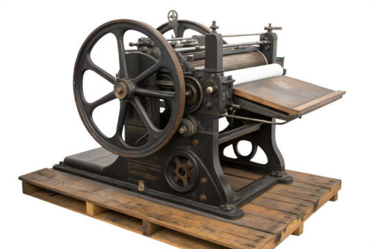Antique printing press machine, isolated on a wooden pallet, capturing the essence of historical printing processes and old craftsmanship - Powered by Adobe