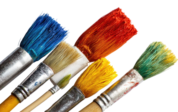 Close-up of colorful paintbrushes with vibrant hues.  The bristles are coated in red, blue, yellow, and green paint, arranged in an angled cluster against a black background.  