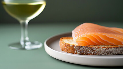 Elegant seafood snack: salmon on toast with wine. A flavorful culinary pairing perfect for a sophisticated treat or appetizer.