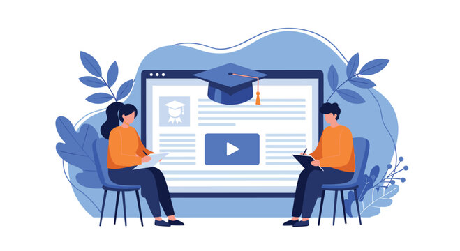Engaging online learning experience with students watching educational videos and taking notes, perfect for schools and distance education programs