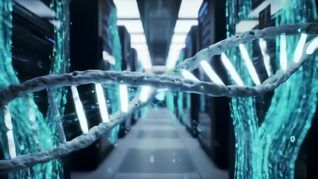 Bio-digital fusion: A luminous DNA helix representing advanced genetic data processing, seamlessly integrated with cutting-edge server technology in a futuristic computing environment - Powered by Adobe