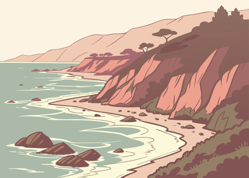 Malibu coastal cliffs vector in warm pastel tone, modern design
