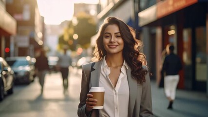 A confident businesswoman smiling while holding a takeaway coffee cup on a sunlit city street. - Powered by Adobe