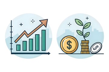 Financial Growth Icons Bar Chart and Money Plant with Cityscape