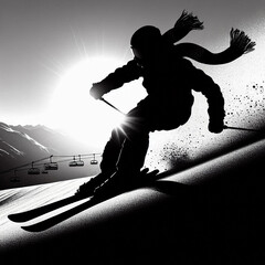 silhouette of a man on a mountain, silhouette of a man standing on a mountain, silhouette of a man standing on a mountain top, skiing in the mountains, skier on a snowboard, skiing on the mountain