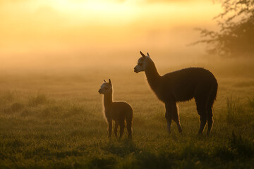 Fototapeta premium Alpaca Family in Golden Light: A serene moment in the meadow as a mother alpaca and her young offspring stand bathed in the warm glow of sunrise.