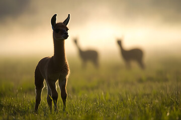 A young llama stands proudly in a misty meadow at sunrise, its silhouette highlighted against the soft, golden light, evoking a sense of tranquility.