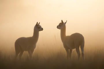 Fototapeta premium Two alpacas in a misty field at sunrise. Soft light filters through the fog, creating a serene and ethereal atmosphere. Natural beauty at its finest.