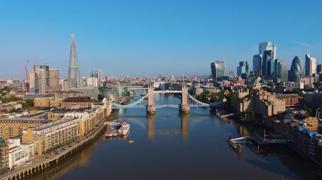 London Cityscape Aerial Crane Shot of Skyline and Tower Bridge