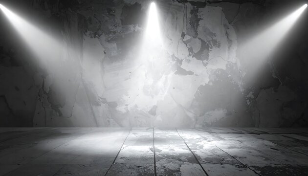 A stark grayscale studio scene. Three bright spotlights illuminate a textured wall and wooden floor. Shadow play creates depth