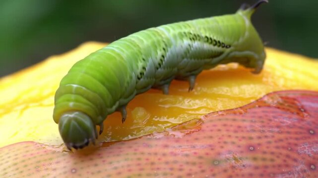 Green caterpillars are eating fruit