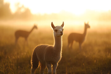 Llama trio in a golden field at sunrise. Gentle light illuminates the serene scene with a single llama standing out in sharp focus.