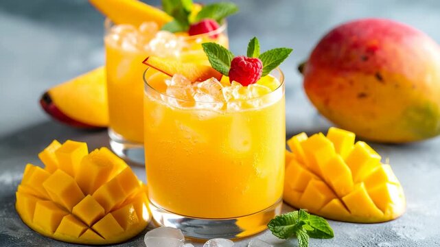 Two refreshing mango cocktails with crushed ice, garnished with mint, raspberry, and fresh mango slices.