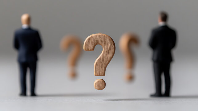 Conceptual shot of business figures facing uncertainty, symbolized by floating question marks, highlighting challenges and decision-making in corporate environments. - Powered by Adobe