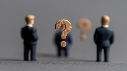 Business decision uncertainty. Wooden question mark stands between two miniature business figures against a grey backdrop, symbolizing unanswered questions.