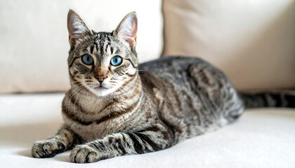 A stunning feline lounges on a plush, white surface. The animal features striking blue eyes and a tabby coat, gazing directly at the viewer. It appears relaxed
