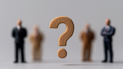 Business strategy concept with a question mark hovering over executives, emphasizing decision-making, problem-solving, and direction uncertainty.