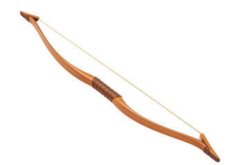 Isolated wooden archery bow with string; hunting and sporting weapon for target practice