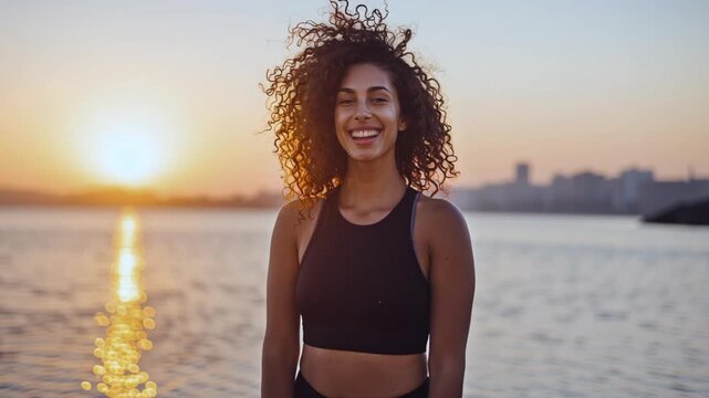 A woman with curly hair stands by a body of water during a sunset or sunrise, with her eyes closed and a peaceful smile on her face, appearing to be in a meditative or tranquil state.