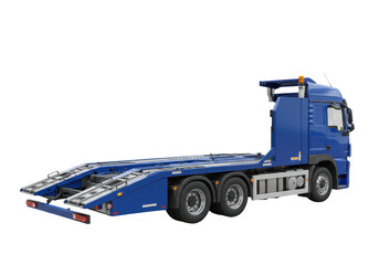Isolated blue tow truck for transporting vehicles, flatbed trailer, car recovery assistance