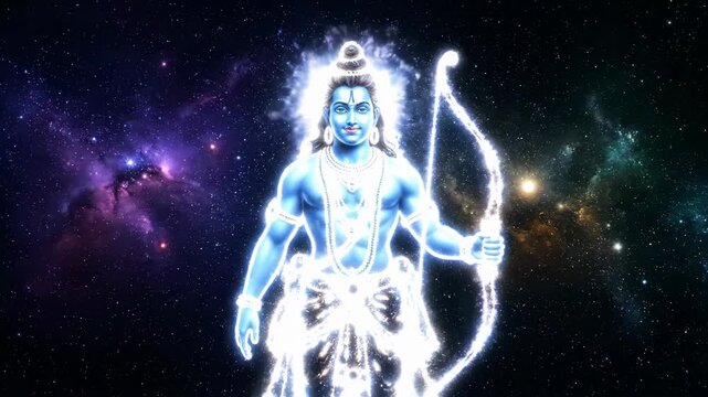 Firework in starry space with lord Ram and a bow, hindu religious animation