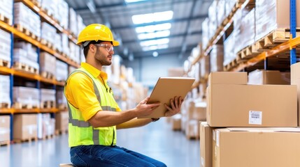 Warehouse Worker's Tasks: A focused warehouse worker meticulously reviews logistics information amidst rows of inventory in a large distribution center, dressed in the essential gear.