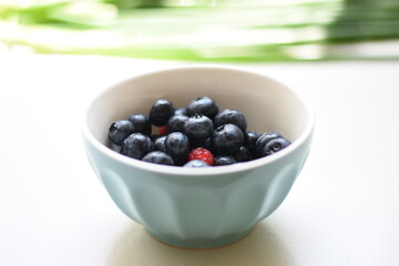 Bowl of fresh blueberries on white background – healthy and organic food
