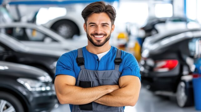 Smiling Mechanic: A skilled and confident mechanic stands proudly in their automotive workshop, arms crossed, radiating competence amidst a backdrop of vehicles, embodying expertise and reliability. 