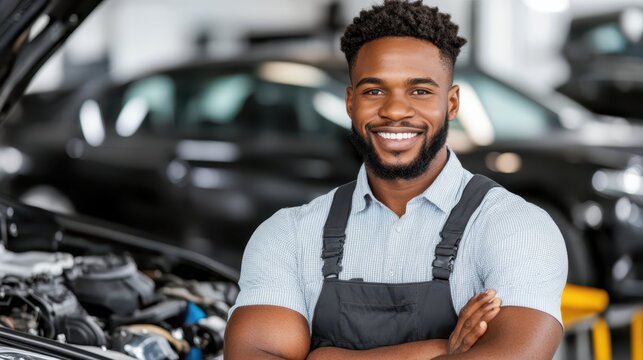 Expert mechanic, expert work: A confident and skilled mechanic, radiating expertise, stands proudly in a modern repair shop, the vehicles a testament to their abilities. A master of automobiles.