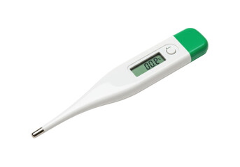 Isolated digital thermometer used for medical tests, green button on top, with a display screen
